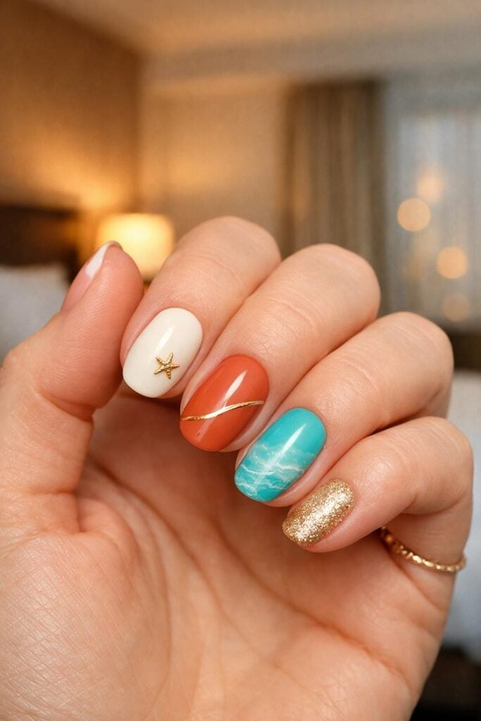 Turquoise Marbling Gold Starfish Short Oval Stiletto Nails — Ocean Nails