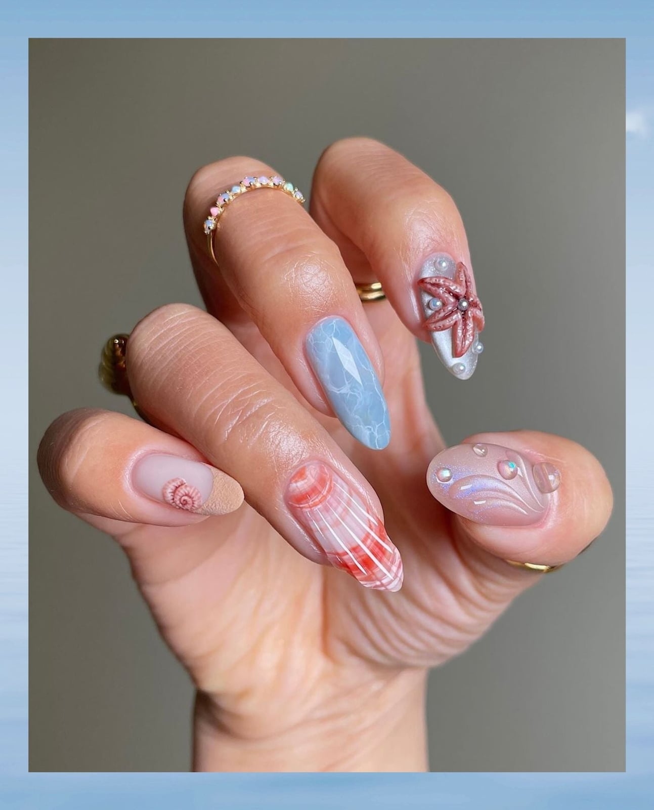 3D Seashell Charm Nude French Short Almond Nails — Ocean Nails