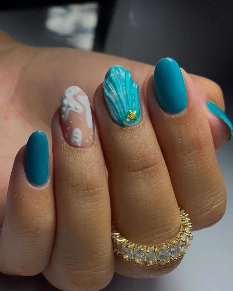 Teal 3D Seashell Short Oval Nails — Ocean Nails