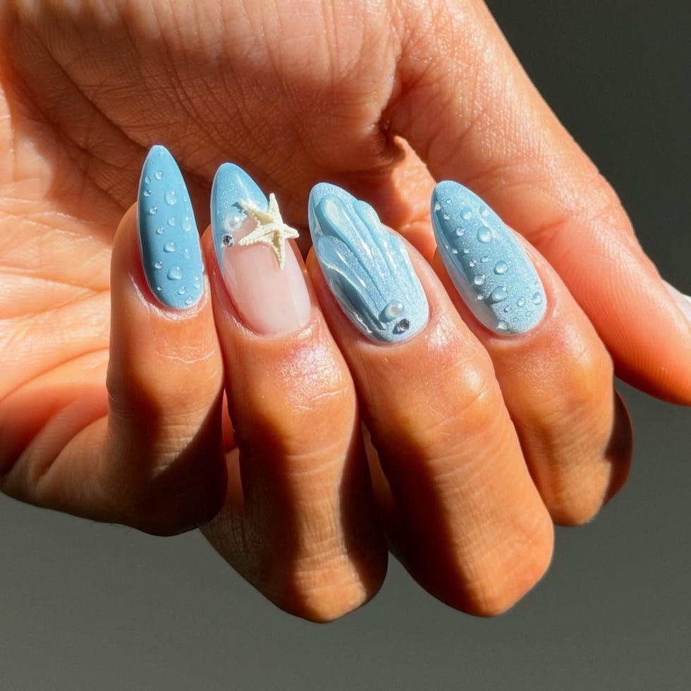 3D Water Droplet Seashell Short Almond Nails — Ocean Nails