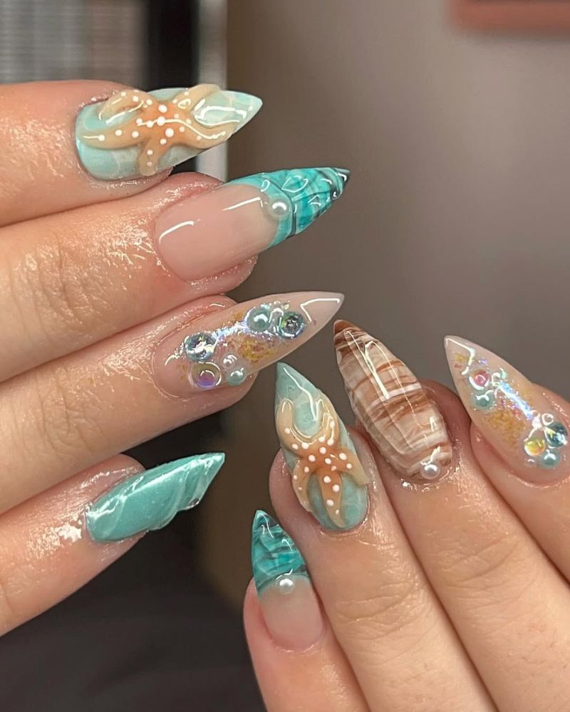 Jelly Shimmer Blue Green Short Almond Nails — Ocean Nails