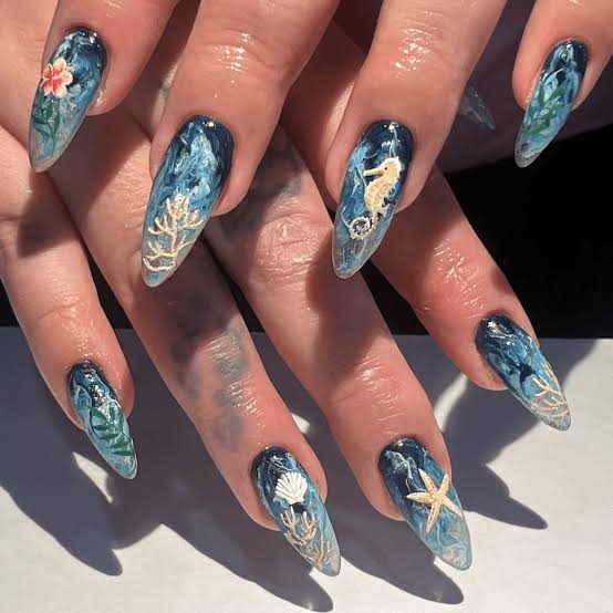 Hand-Painted Ocean Scenes Long Coffin Nails — Ocean Nails