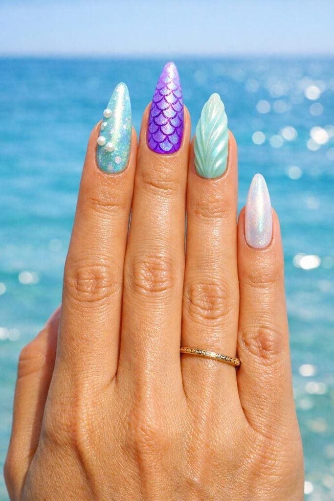 Purple Scale Mint Shell Long Sharp Almond Nails — Ocean Nails