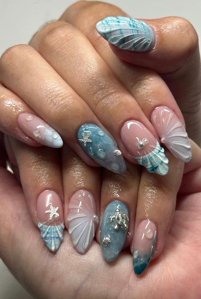 3D Shells and Turtles Medium Oval Almond Nails — Ocean Nails