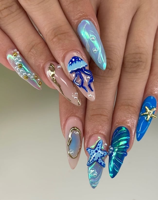 3D Jelly Jellyfish Long Sharp Almond Nails — Ocean Nails