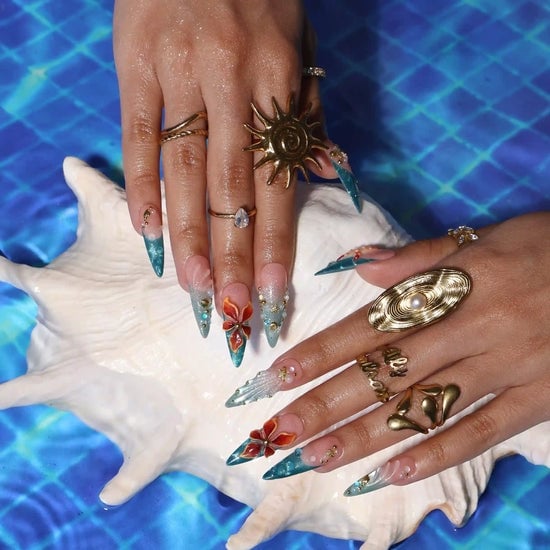 Tropical Floral 3D Shells Extra Long Coffin Nails — Ocean Nails
