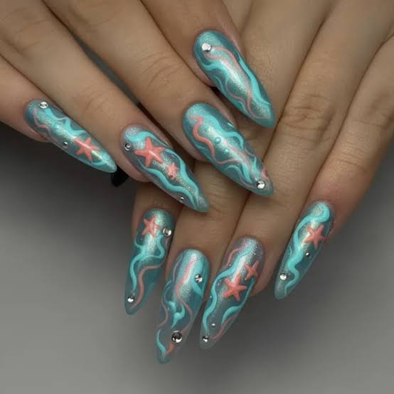 Shimmering Teal Wavy Starfish Long Almond Nails — Ocean Nails
