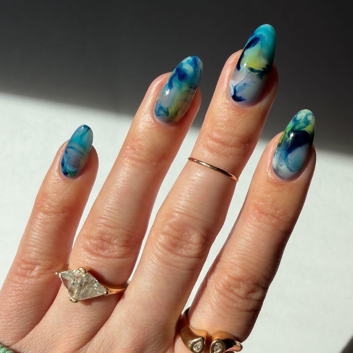 Vibrant Abstract Marbling Long Almond Nails — Ocean Nails