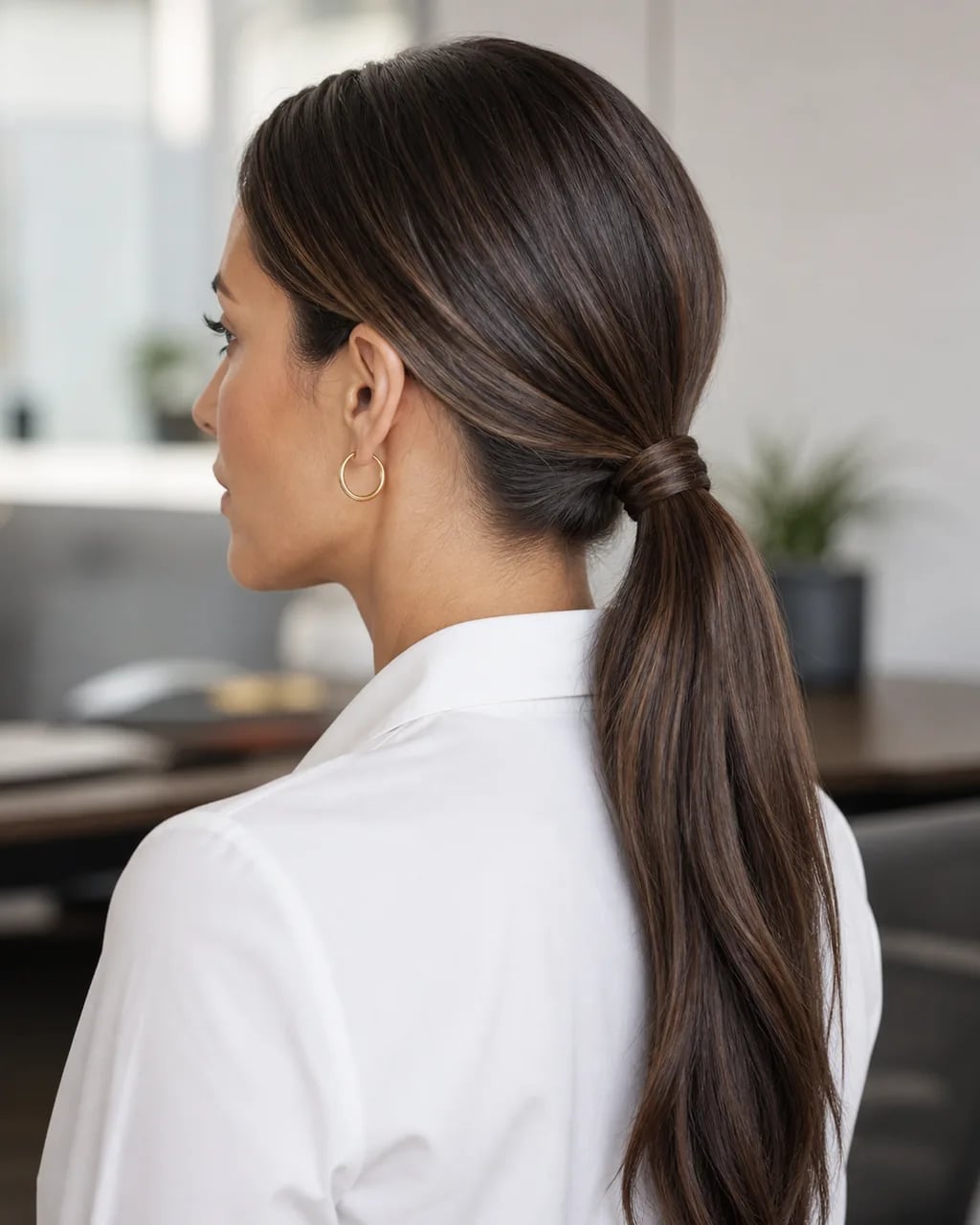 Mid-Back Loose Bun With Side-Swept Bangs Mid-Back Loose Bun With Side-Swept Bangs — Office Hairstyles