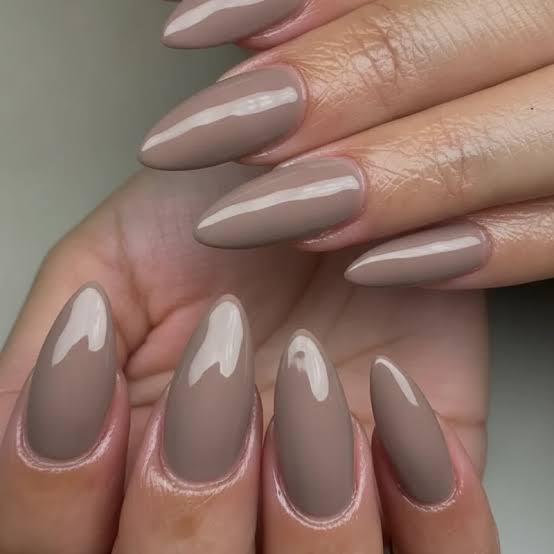 Perfect Taupe Nude Glossy Short Almond Nails Perfect Taupe Nude Glossy Short Almond Nails — Office Nails