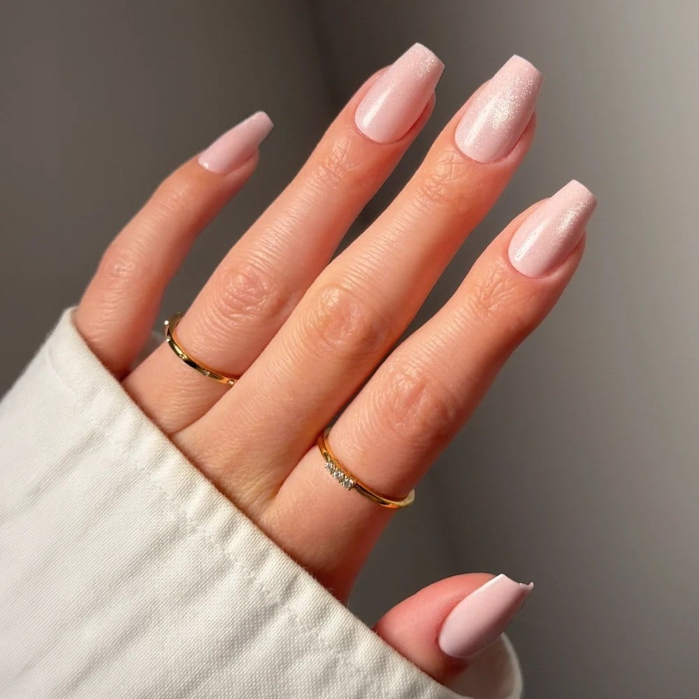 Milky Shimmer Pale Pink Short Almond Nails Milky Shimmer Pale Pink Short Almond Nails — Office Nails