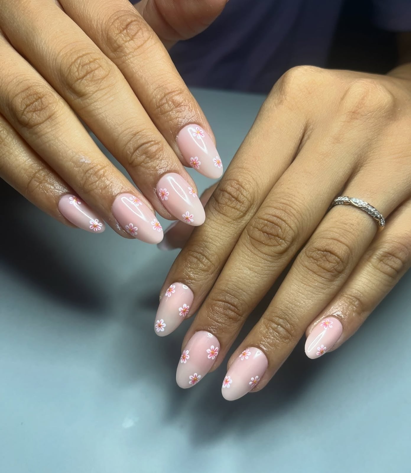 Ombre Floral Medium Almond Nails Ombre Floral Medium Almond Nails — Office Nails
