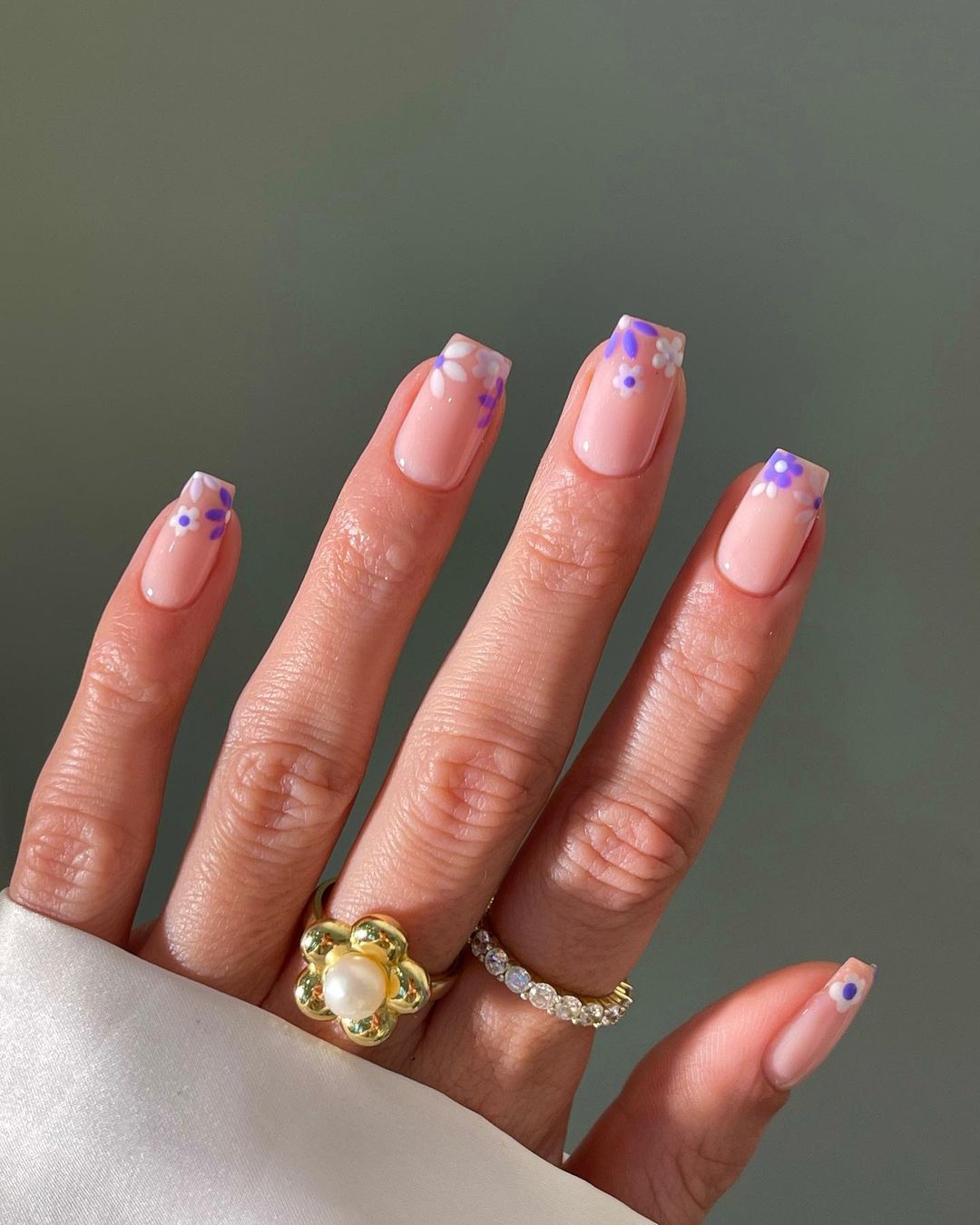 Floral French Tip Medium Square Nails Floral French Tip Medium Square Nails — Office Nails