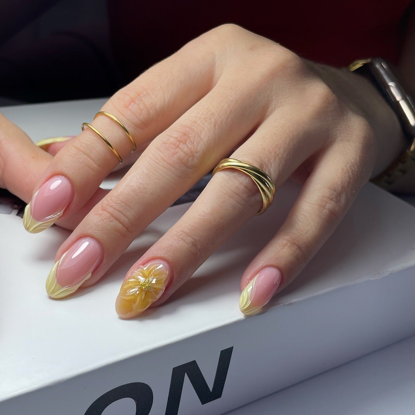 3D Yellow Flower Yellow French Medium Almond Nails 3D Yellow Flower Yellow French Medium Almond Nails — Office Nails