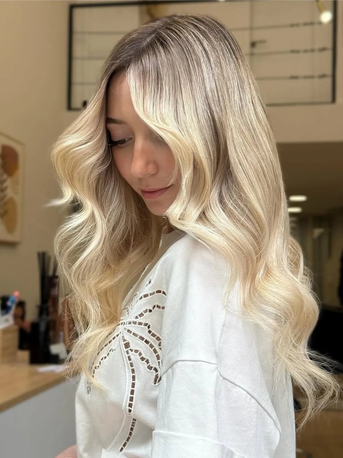 Bright Platinum Blonde With Root Shadow Waves Bright Platinum Blonde With Root Shadow Waves — Old Money Blonde