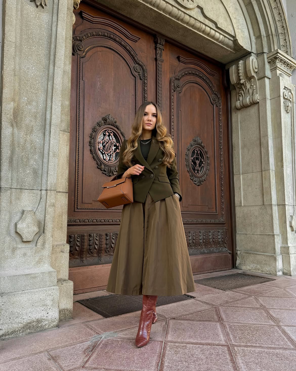 Olive Cropped Blazer And Pleated Midi Skirt Look