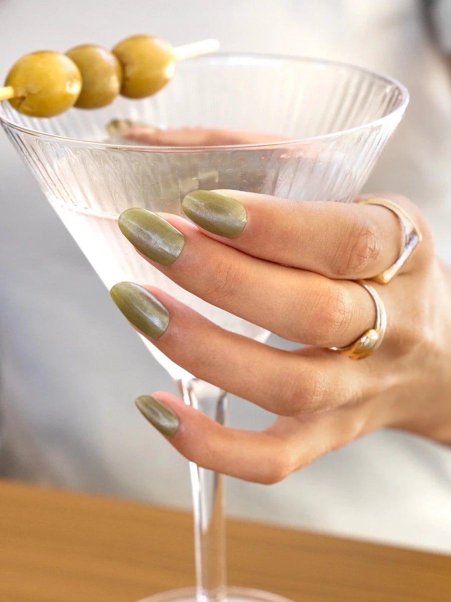 Medium Almond Cat Eye Olive Green Nails