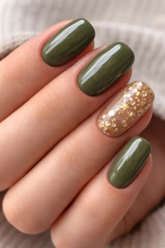 Short Oval Olive Green with Gold Flake Accent — Olive Green Nails