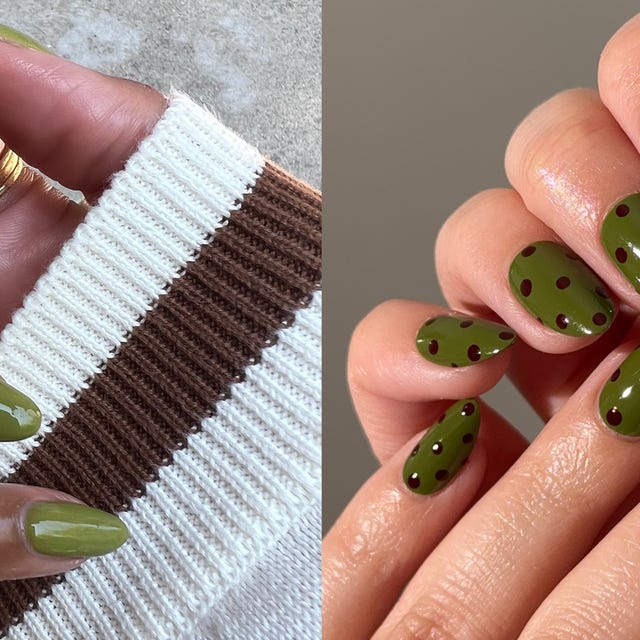 Short Oval Olive Green with Dot Pattern — Olive Green Nails