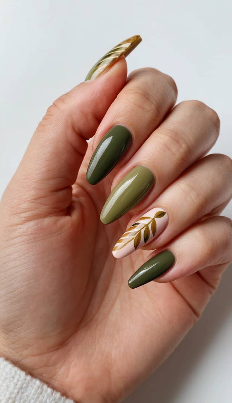 Short Oval Leaf Motif Olive Green Nails