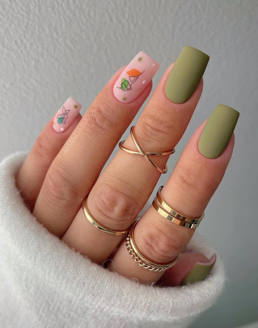 Short Square Matte Olive Green with Graphic Art — Olive Green Nails
