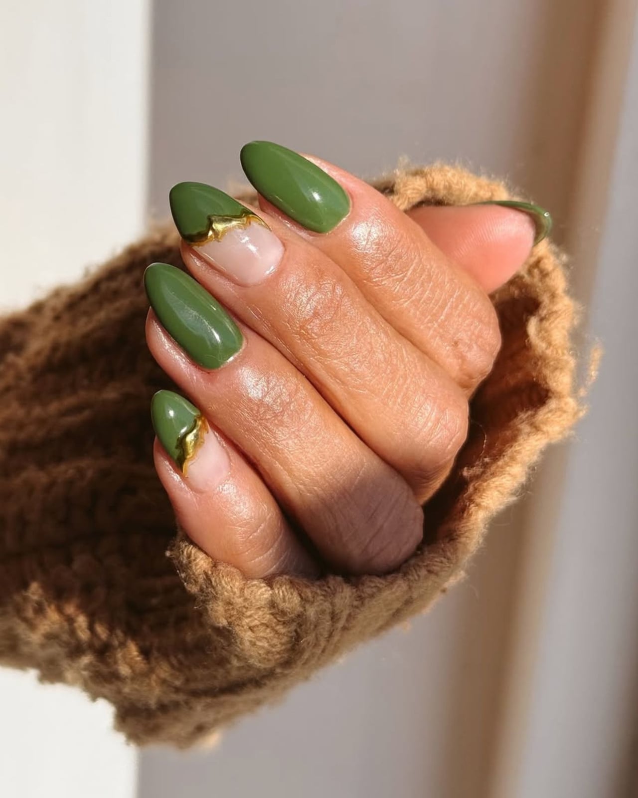 Medium Almond Olive Green with Cuticle Gold Foil — Olive Green Nails