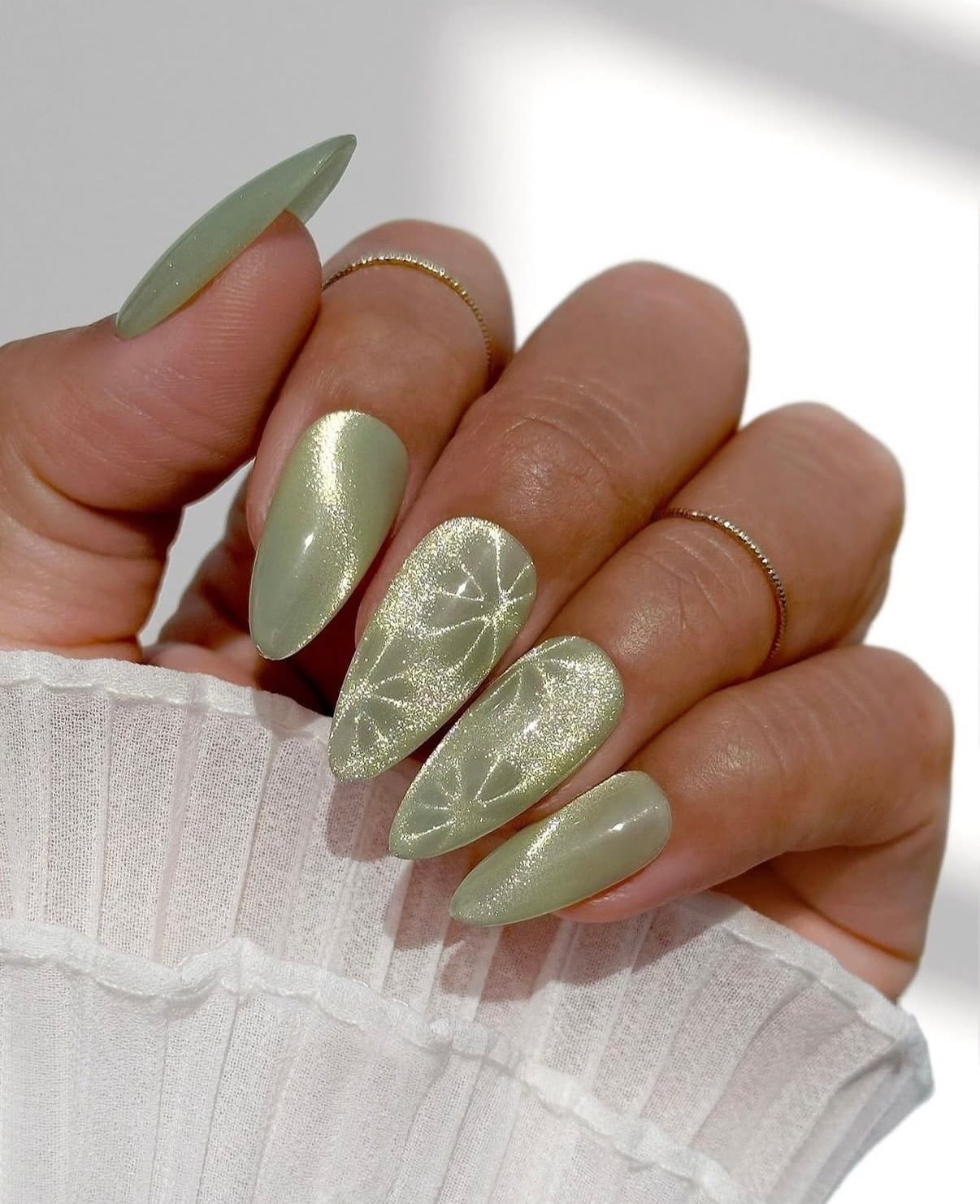 Long Almond Pale Olive Green Geometric Line Art — Olive Green Nails