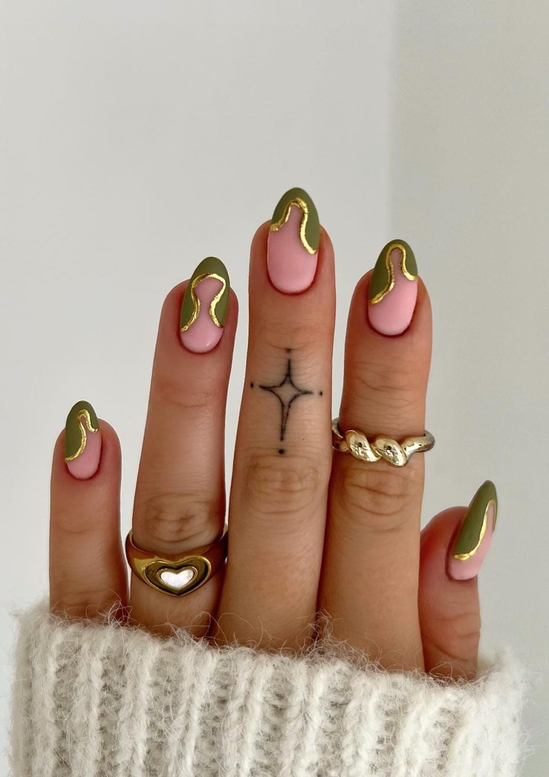 Medium Almond Matte Olive Green Gold Line Accents — Olive Green Nails