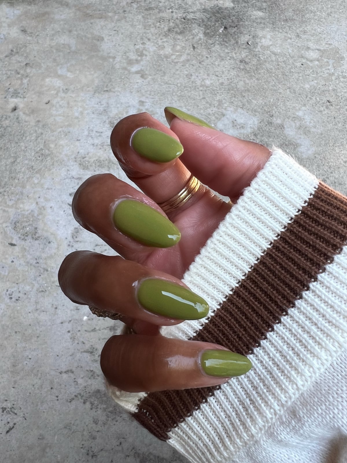 Medium Almond Glossy Olive Green Abstract Lines — Olive Green Nails