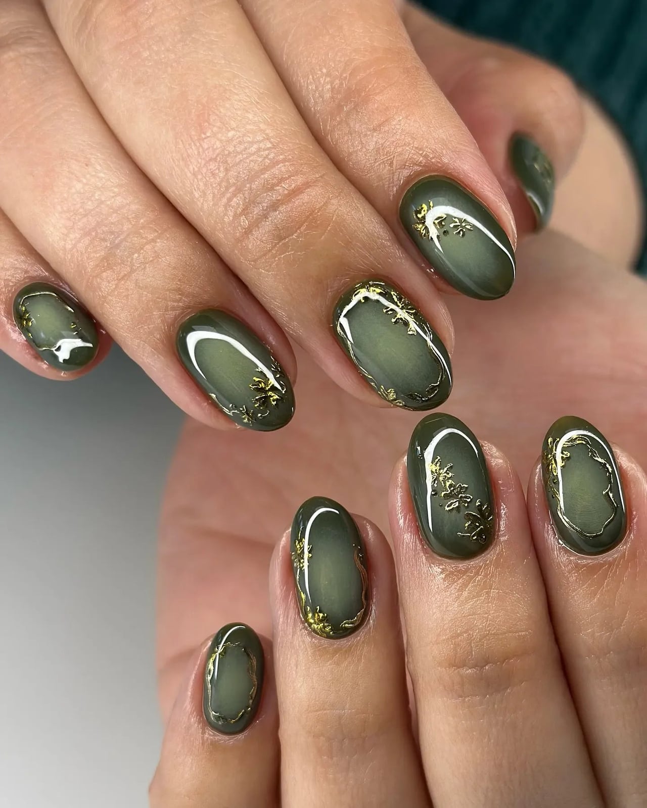 Short Oval Milky Glossy Olive Green Botanical Accents — Olive Green Nails