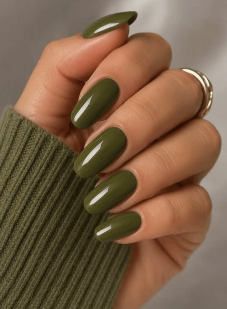 Glossy Deep Olive Green Oval Nails — Olive Green Nails