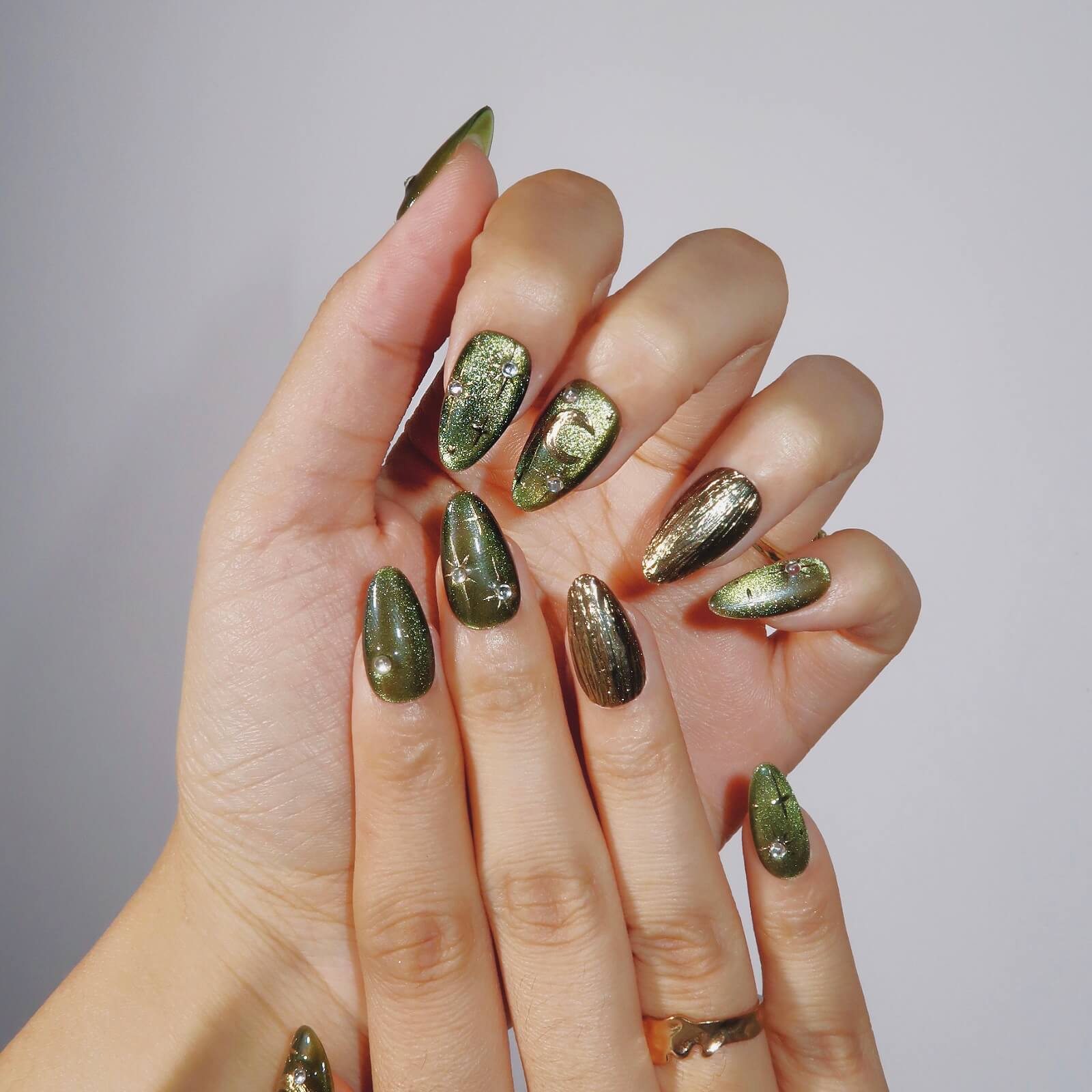 Medium Almond Mixed Finish Olive Green Art Nails — Olive Green Nails