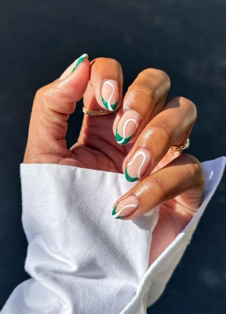 Medium Almond Glossy Green Swirl Design Nails — Olive Green Nails