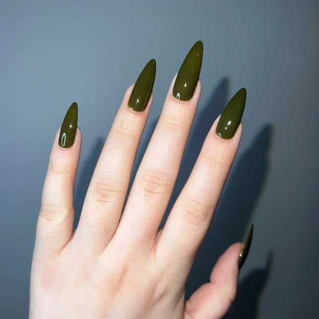 Long Stiletto Glossy Deep Olive Green Nails