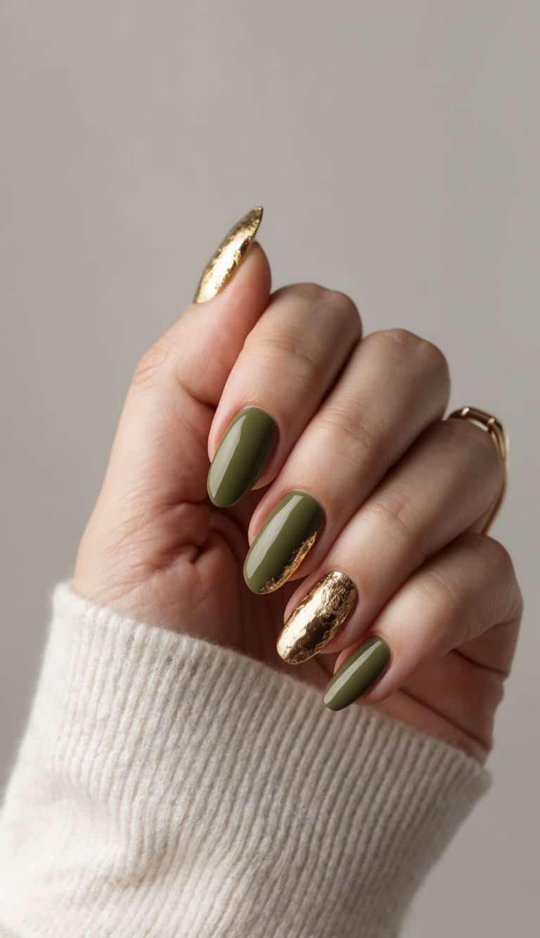 Olive Green Glossy Nails with Gold Foil — Olive Green Nails