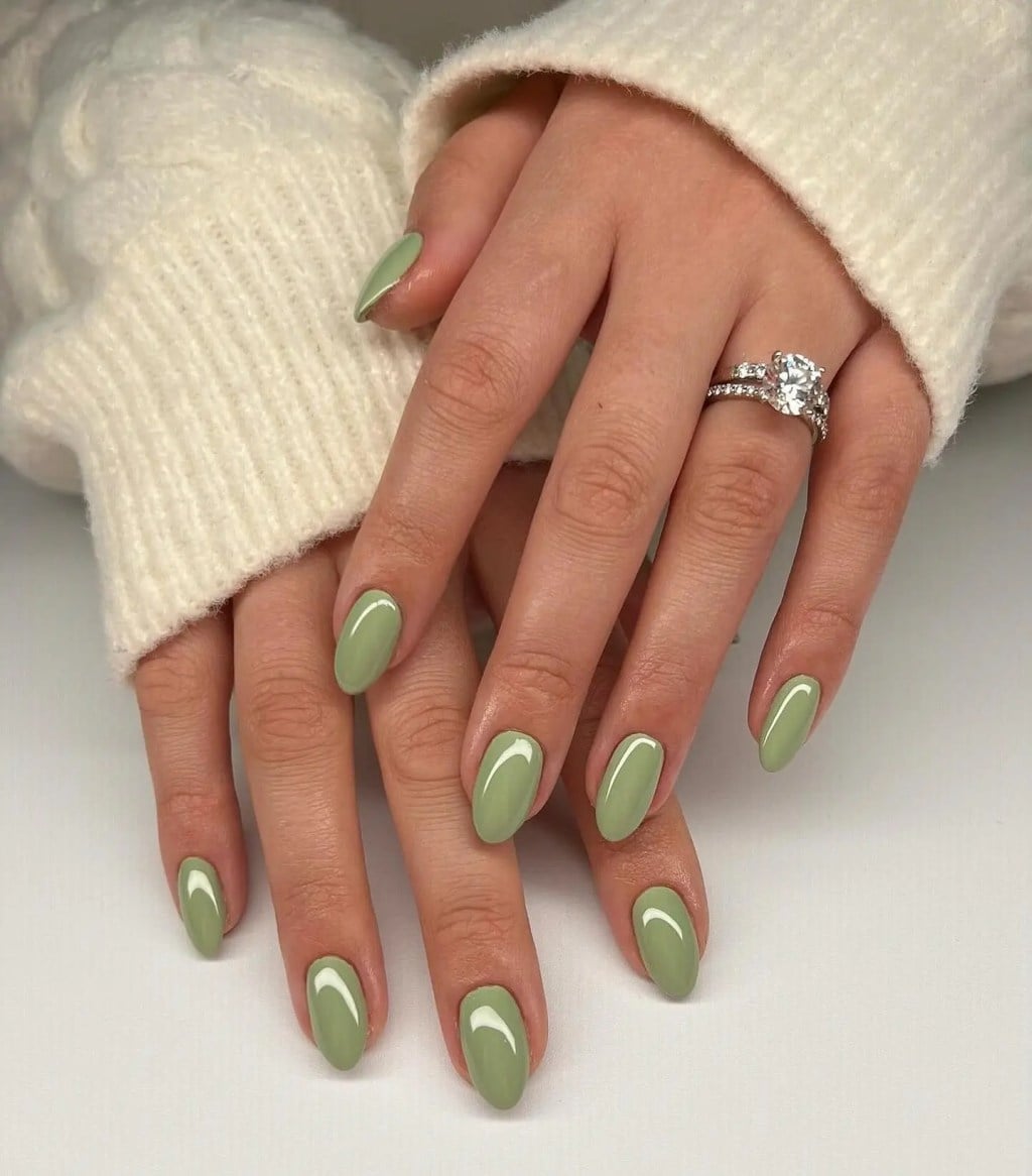 Glossy Sage Green Medium Oval Nails — Olive Green Nails