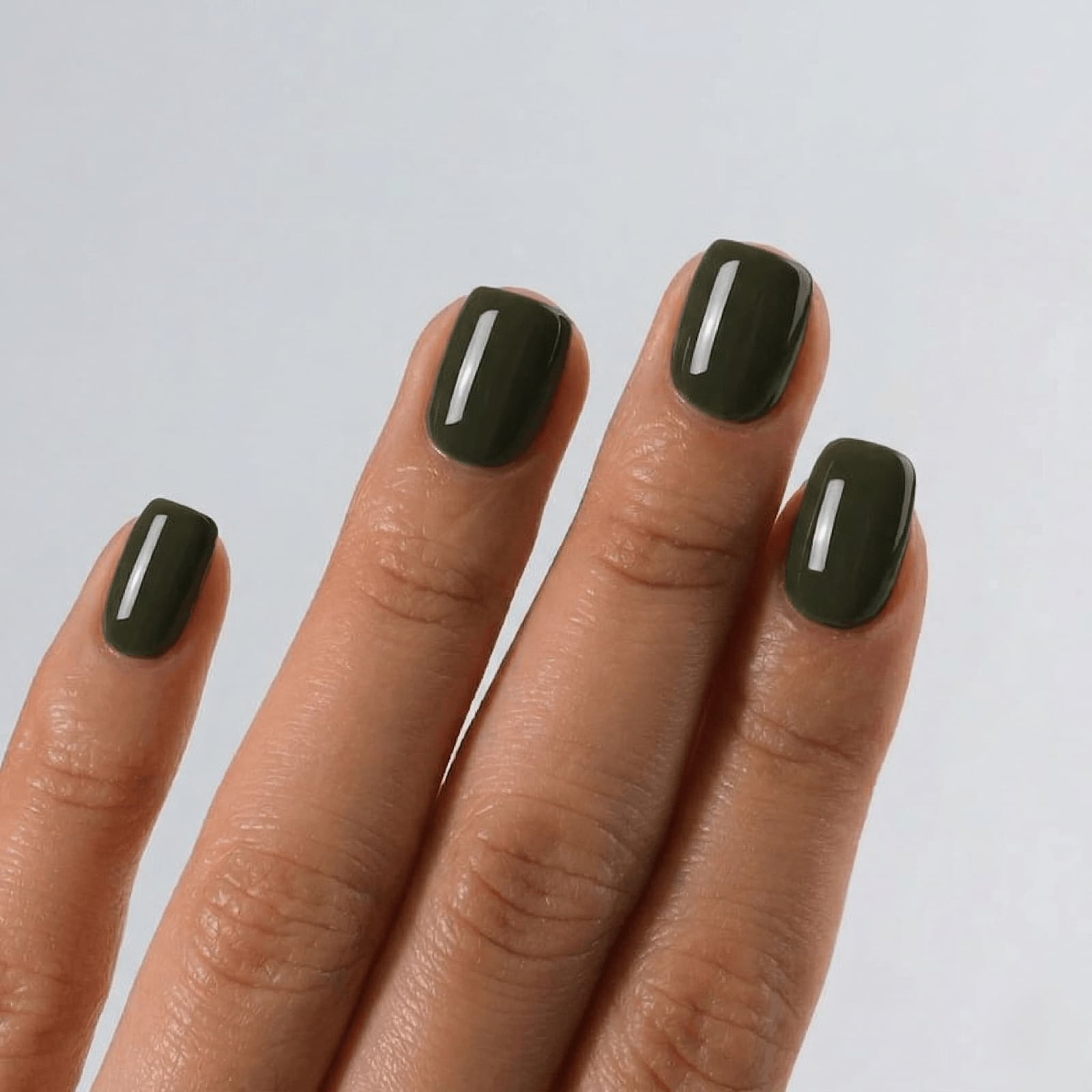 Short Square Dark Army Green Glossy Nails — Olive Green Nails