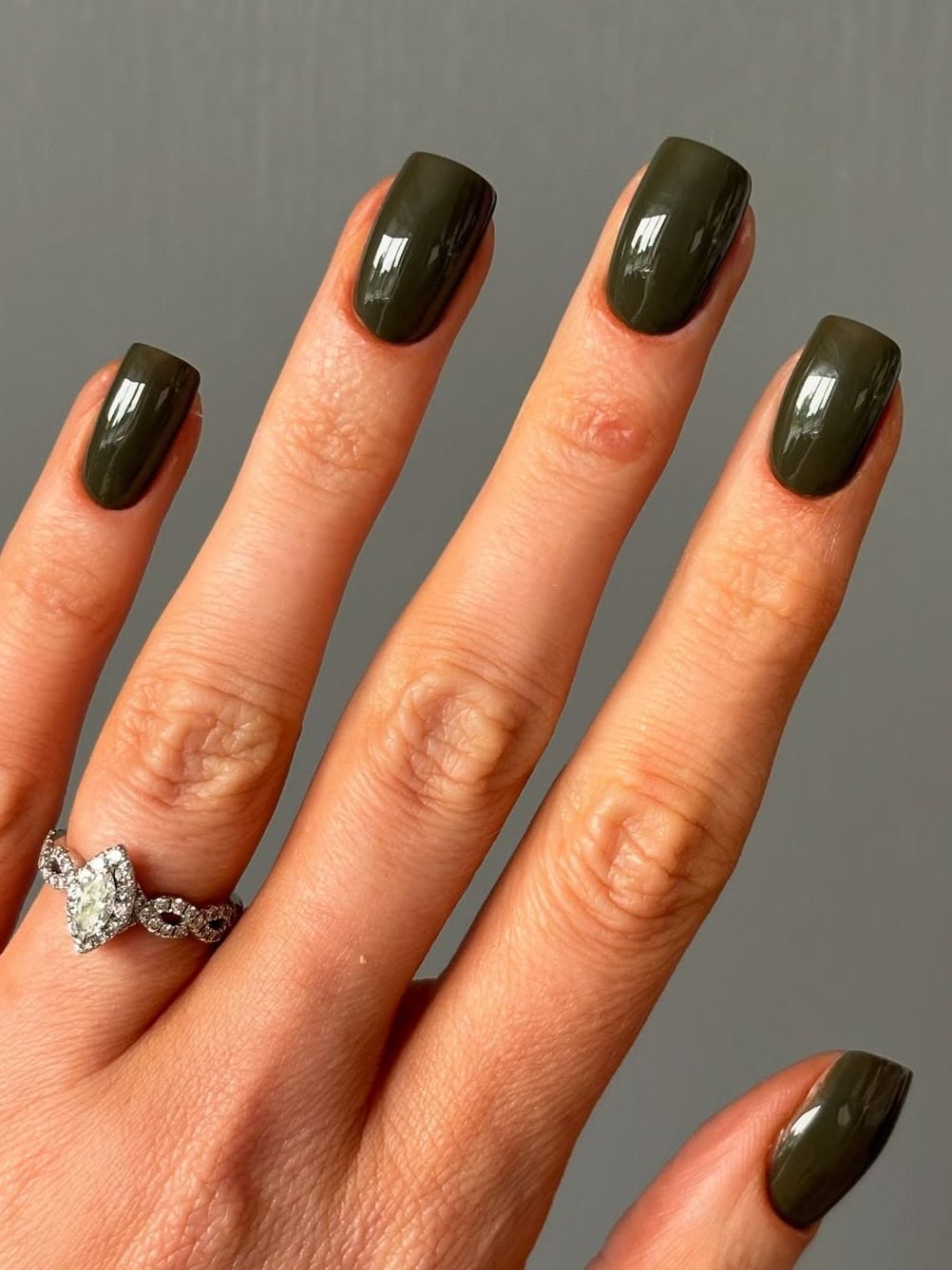 Short Oval Cat Eye Floral Olive Green Nails, Close-Up Take