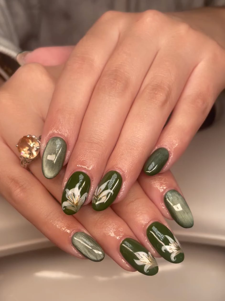 Short Oval Floral Cat Eye Muted Green Nails — Olive Green Nails