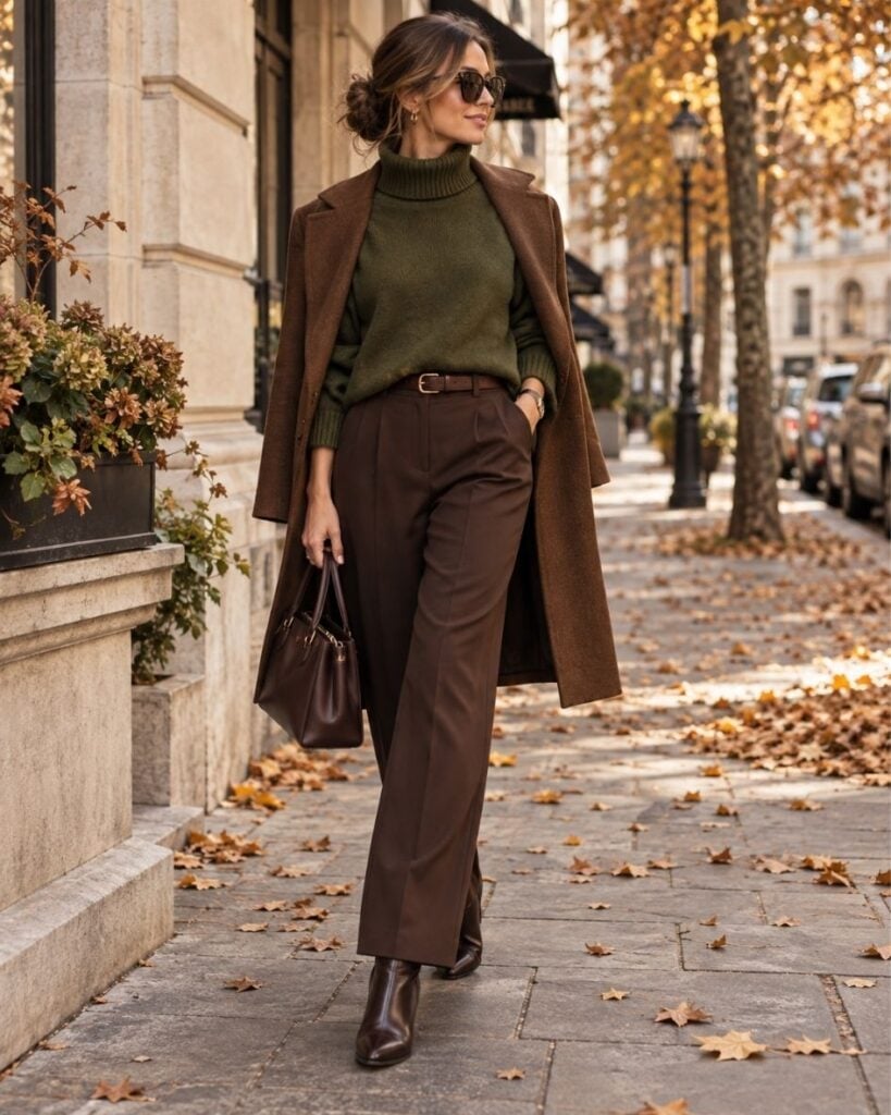 Olive Green Turtleneck with Brown Wool Coat and Wide-Leg Trousers — Olive Green Outfits