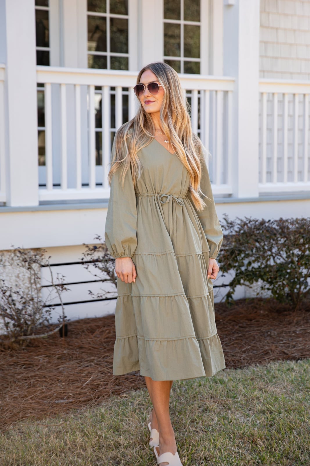 Olive Green Tiered Maxi Dress with Balloon Sleeves — Olive Green Outfits