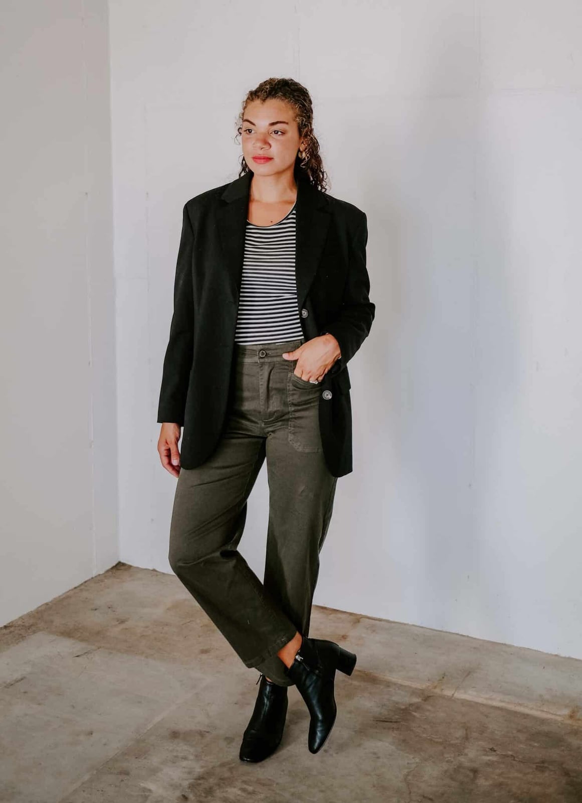 Olive Green Straight-Leg Pants with Striped Top, Close-Up Take — Olive Green Outfits
