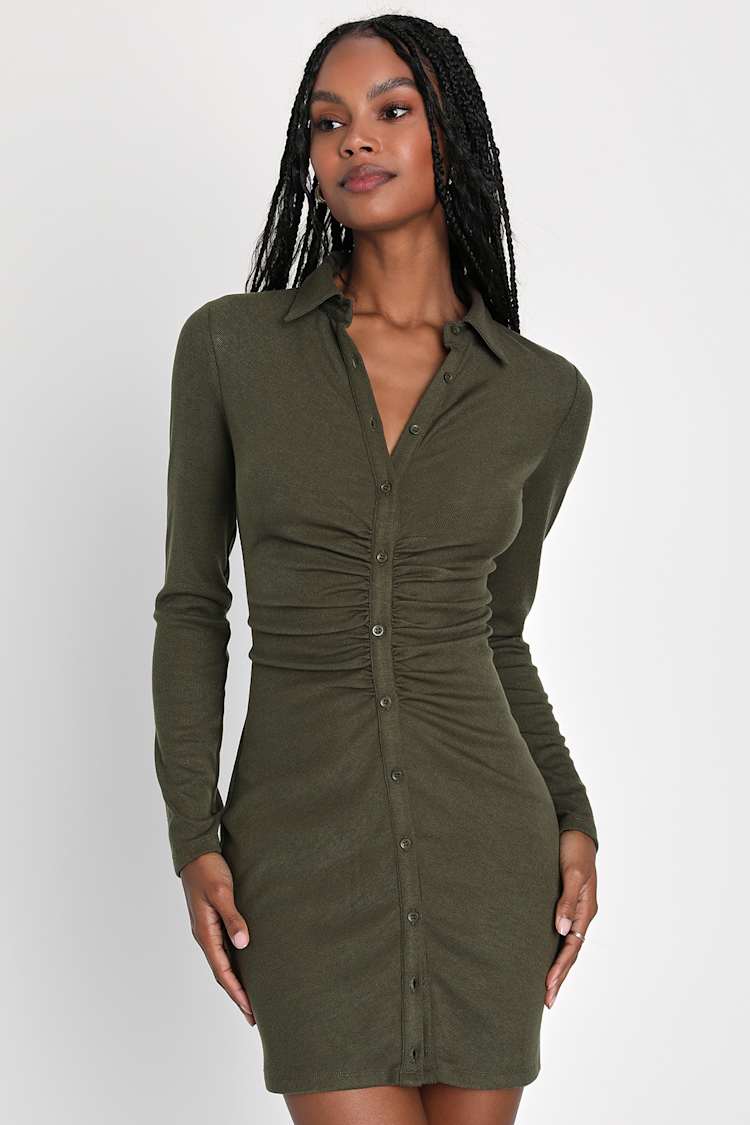 Olive Green Collared Shirt Dress with Ruching Detail, Close-Up Take — Olive Green Outfits