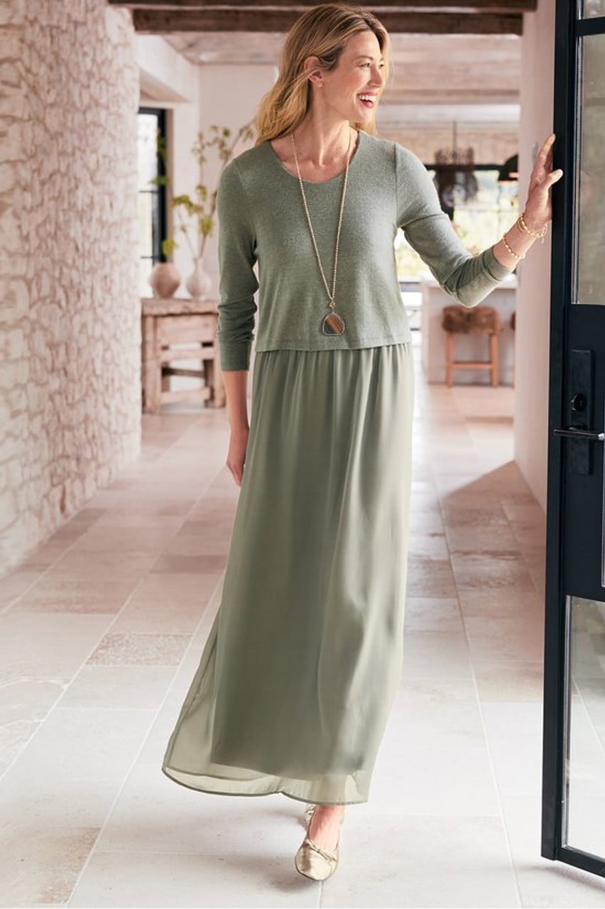 Olive Green Maxi Dress with Chiffon Skirt and Ballet Flats — Olive Green Outfits