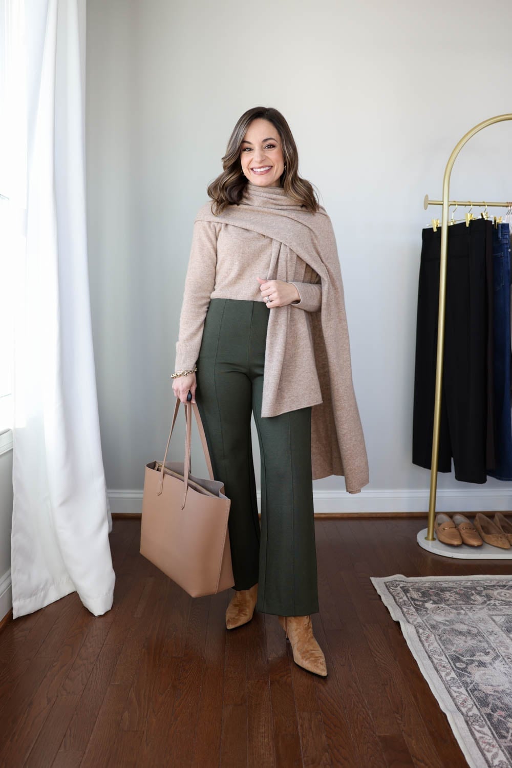 Olive Green Wide-Leg Pants with Beige Turtleneck and Scarf — Olive Green Outfits