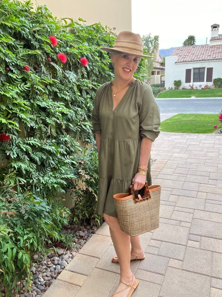 Olive Green Tiered Midi Dress with Straw Accessories — Olive Green Outfits