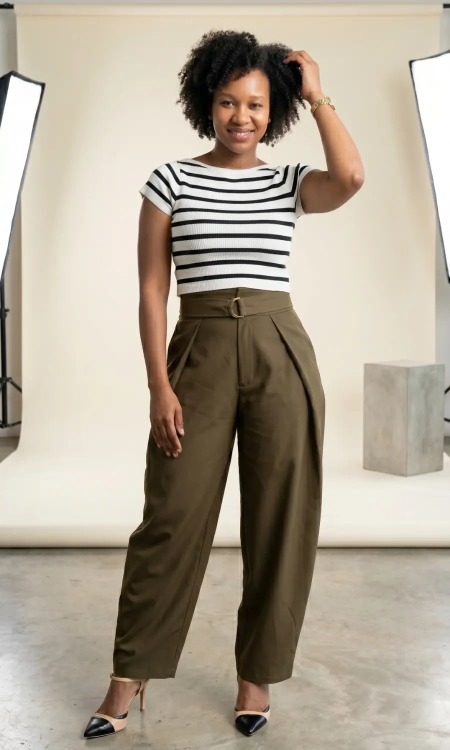 Olive Green Pleated Pants with Striped Boat Neck Top — Olive Green Outfits