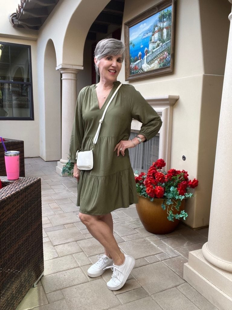 Relaxed Olive Green Tiered Dress with White Sneakers — Olive Green Outfits