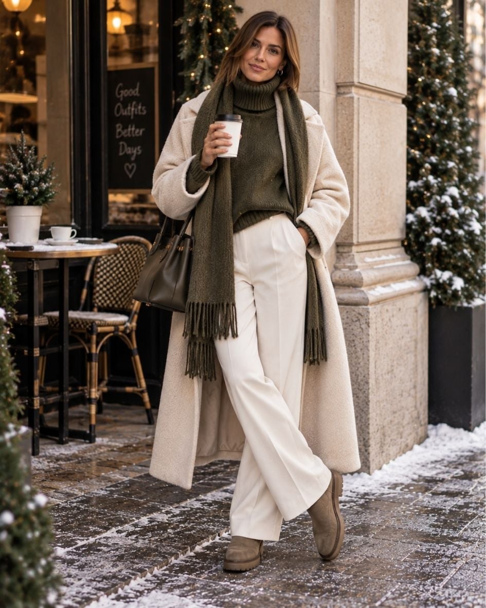 Cream Coat Over Olive Green Sweater and White Wide-Leg Pants — Olive Green Outfits