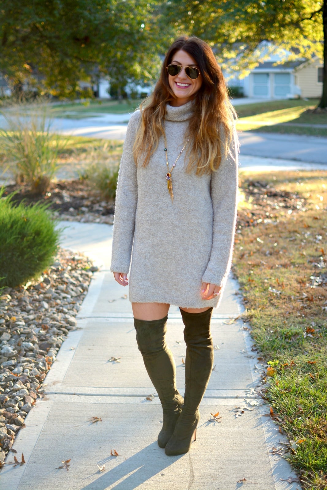 Gray Sweater Dress with Olive Green Over-The-Knee Boots — Olive Green Outfits